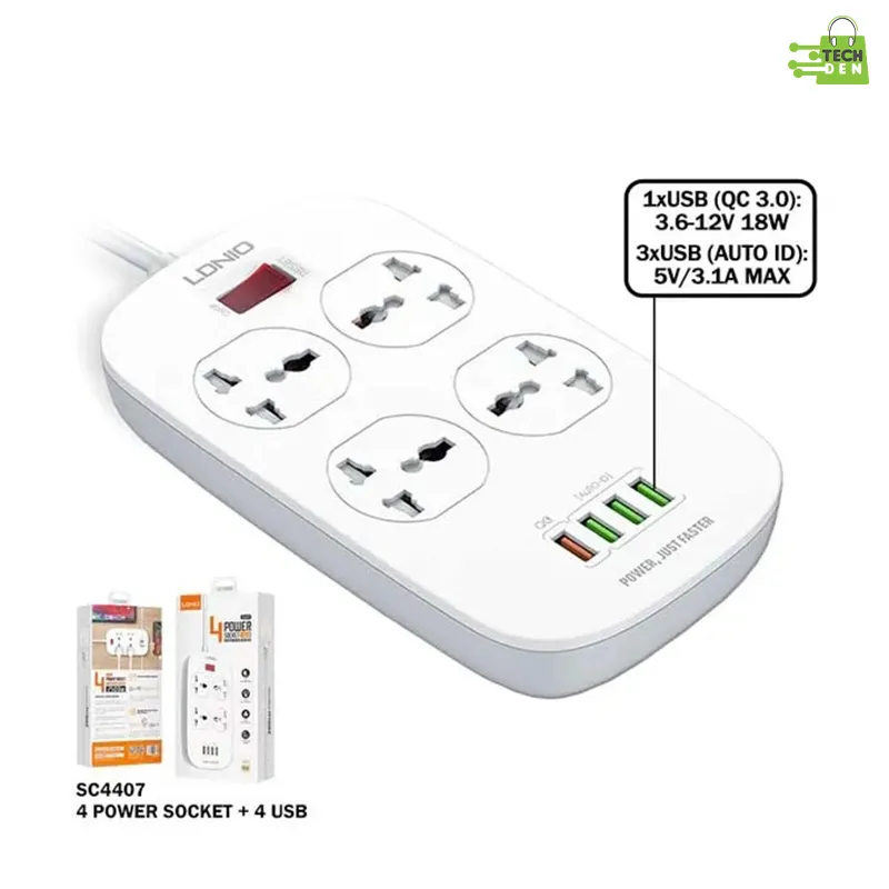LDNIO SC4407 Power Socket 4 USB Charger with Power Extension Cord