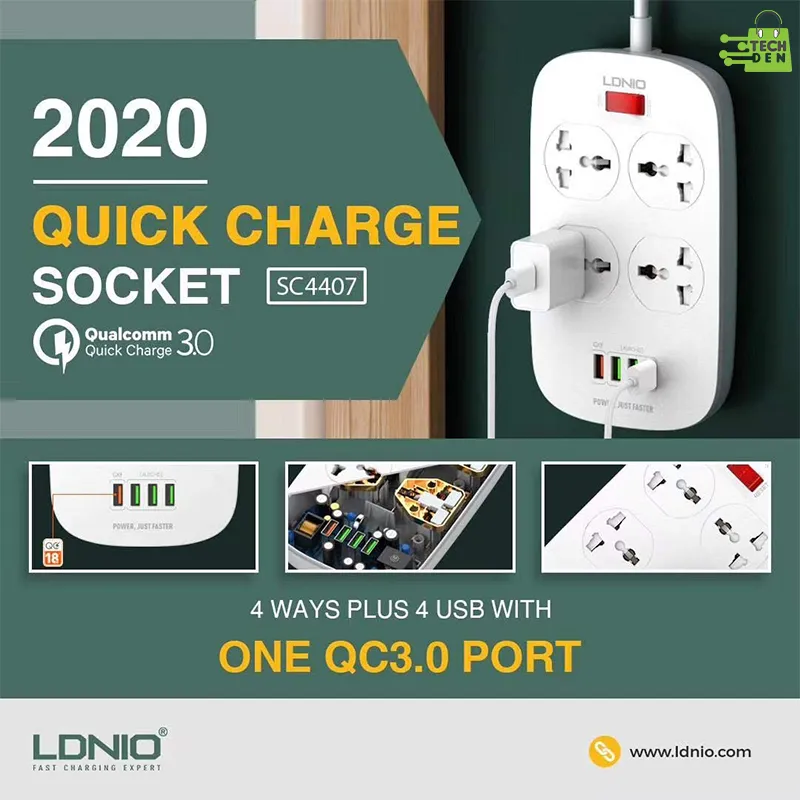 LDNIO SC4407 Power Socket 4 USB Charger with Power Extension Cord